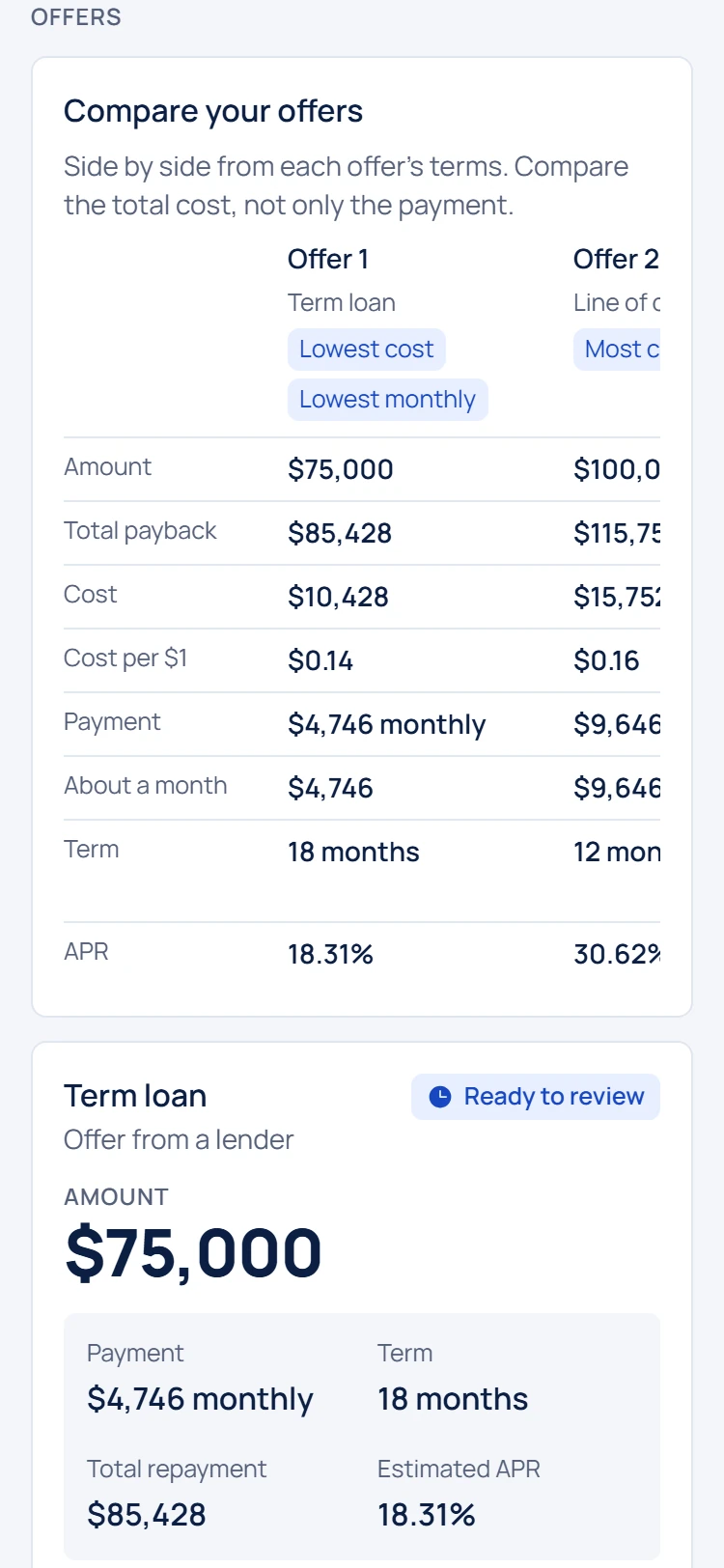 Offers compared side by side in the Capital Ally app