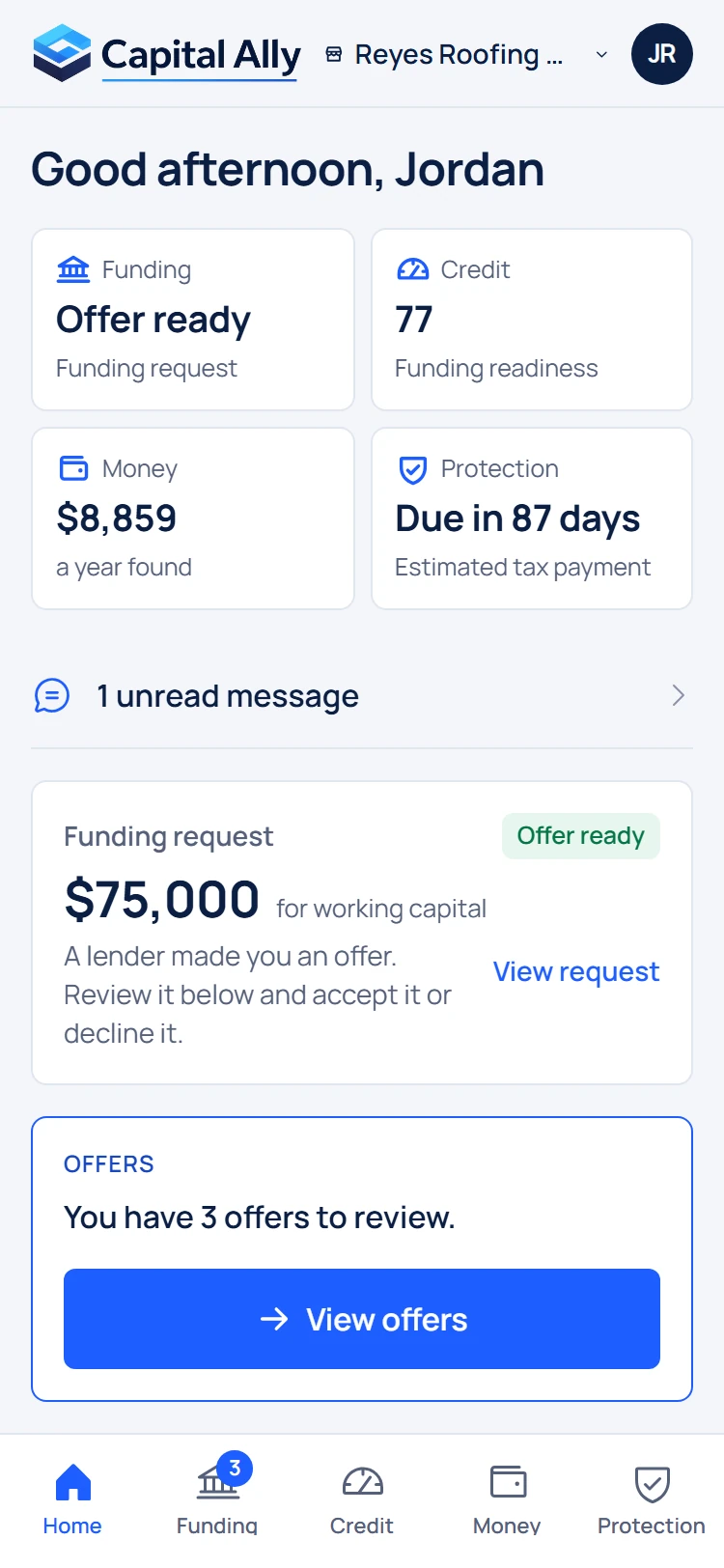Capital Ally app Home tab